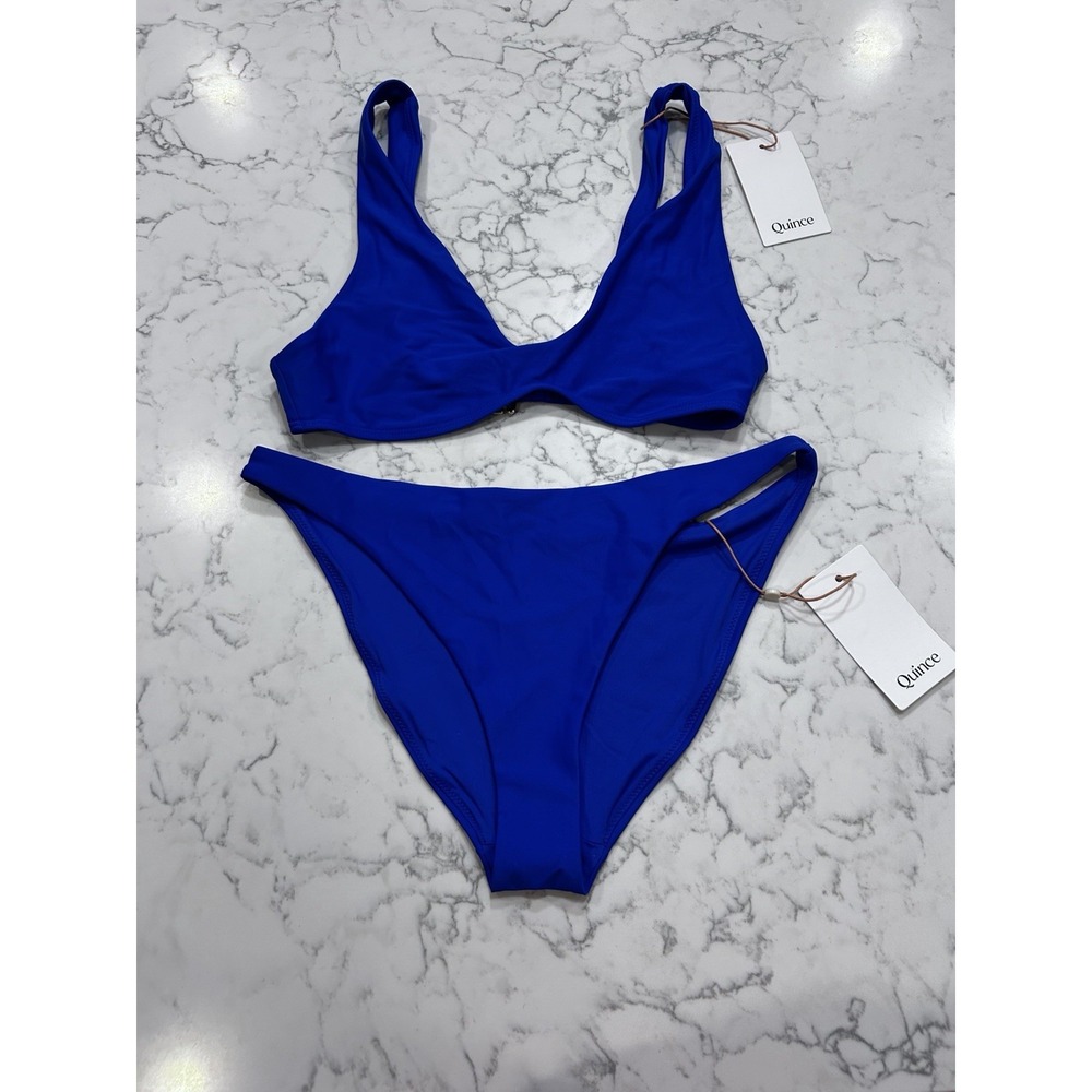 NWT Quince Electric Blue Italian Plunge Bikini Top & Low Rise Bottom Set Small